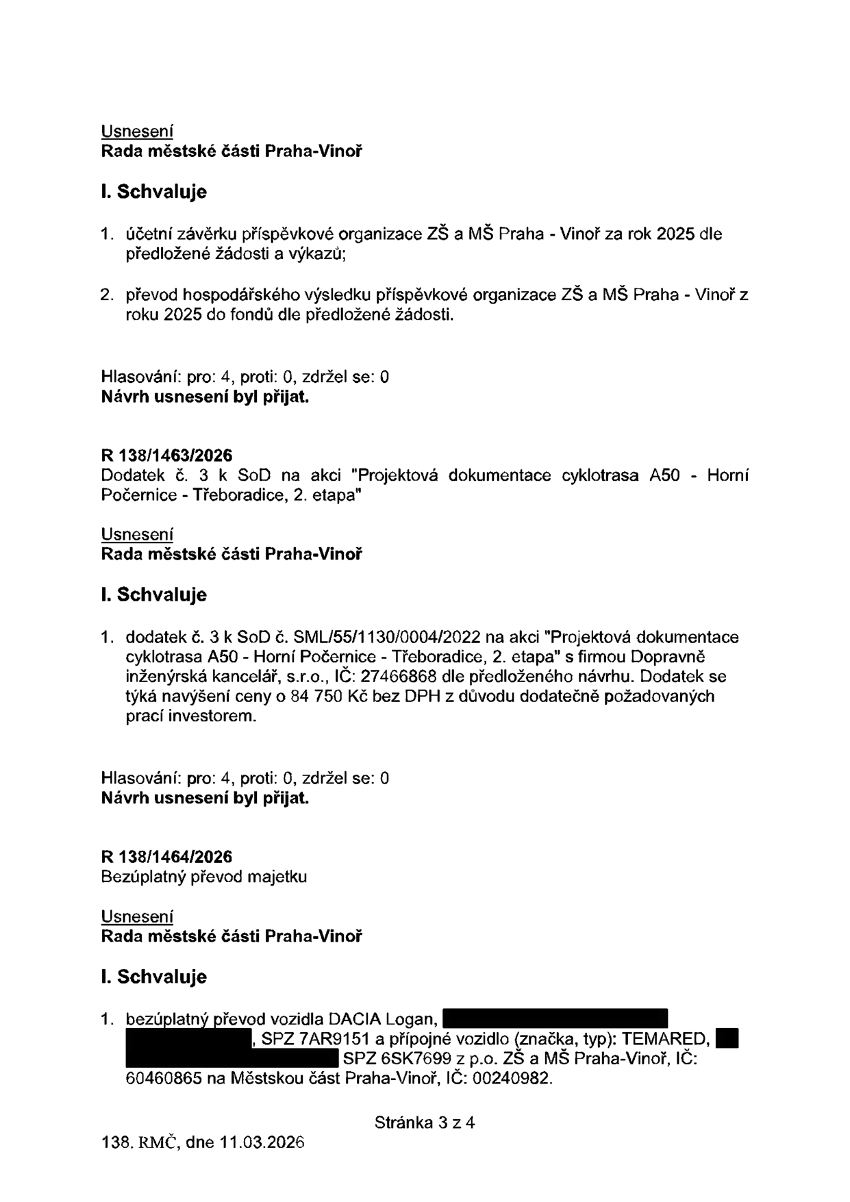Výpis z usnesení Rady městské části Praha-Vinoř ze dne 11.03.2026 (stránka 3 ze 4). Obsahuje tři body: 1. Schválení účetní závěrky a převodu hospodářského výsledku ZŠ a MŠ Praha-Vinoř za rok 2025. 2. Usnesení R 138/1463/2026: Dodatek č. 3 ke smlouvě o dílo na projektovou dokumentaci cyklotrasy A50 (Horní Počernice - Třeboradice, 2. etapa) s firmou Dopravně inženýrská kancelář, s.r.o. (IČ: 27466868), navýšení ceny o 84 750 Kč bez DPH. 3. Usnesení R 138/1464/2026: Bezúplatný převod majetku (vozidlo DACIA Logan, SPZ 7AR9151 a přípojné vozidlo TEMARED, SPZ 6SK7699) z příspěvkové organizace ZŠ a MŠ Praha-Vinoř (IČ: 60460865) na Městskou část Praha-Vinoř (IČ: 00240982).