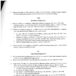 Textová část smlouvy (článek VIII. a IX.). Článek VIII. POVINNÁ PUBLICITA: 1. Příjemce souhlasí se zveřejněním smlouvy a loga MČ Praha 20. 2. Příjemce se zavaz…