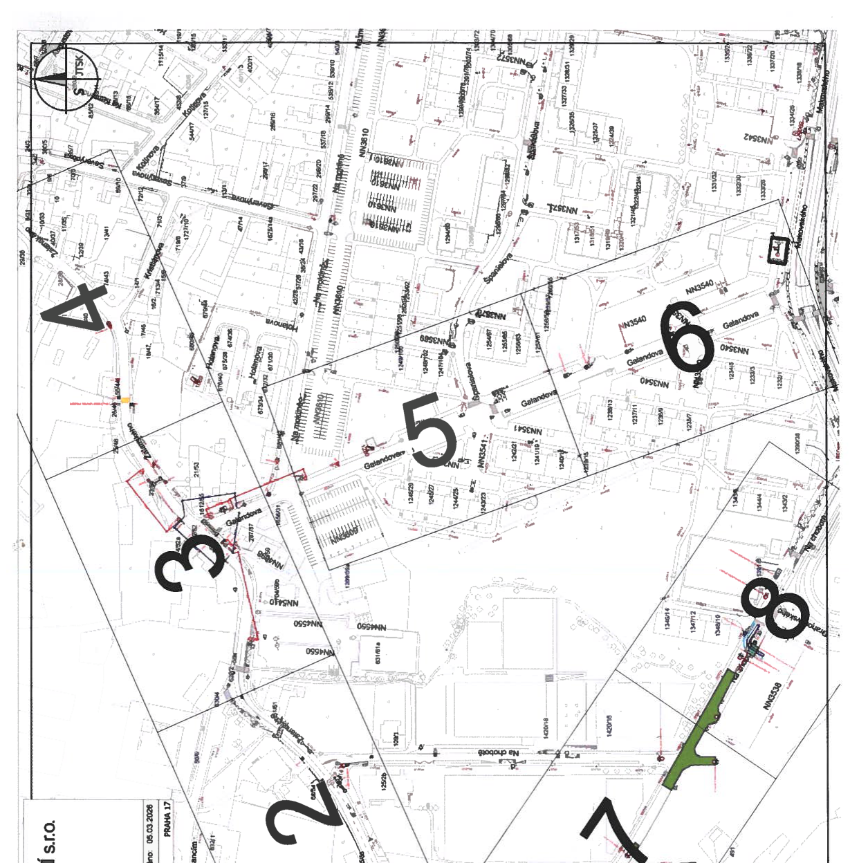 Katastrální mapa zobrazující parcely a čísla staveb v dané lokalitě.