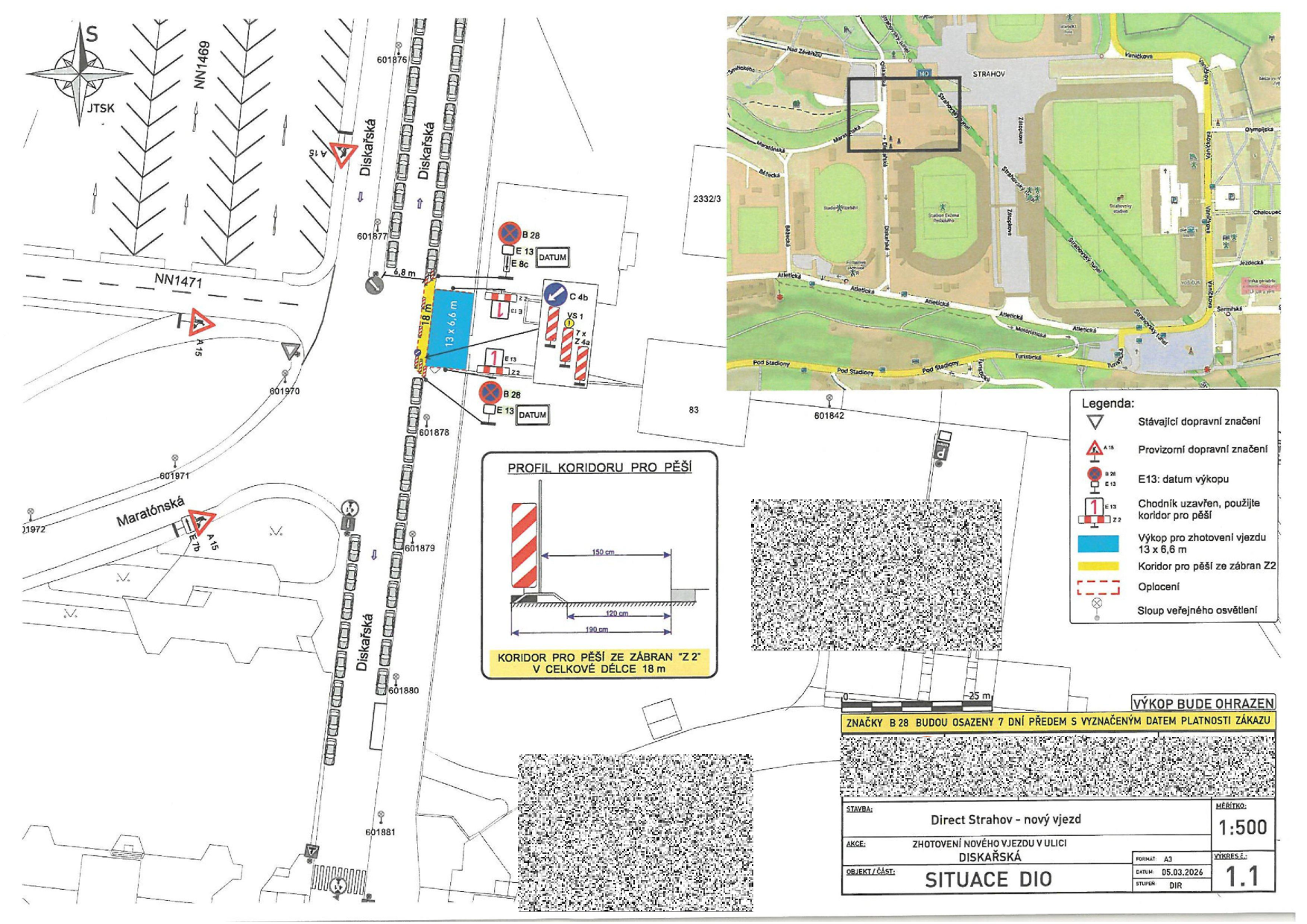 Situační nákres dopravního opatření pro stavbu nového vjezdu v ulici Diskařská.