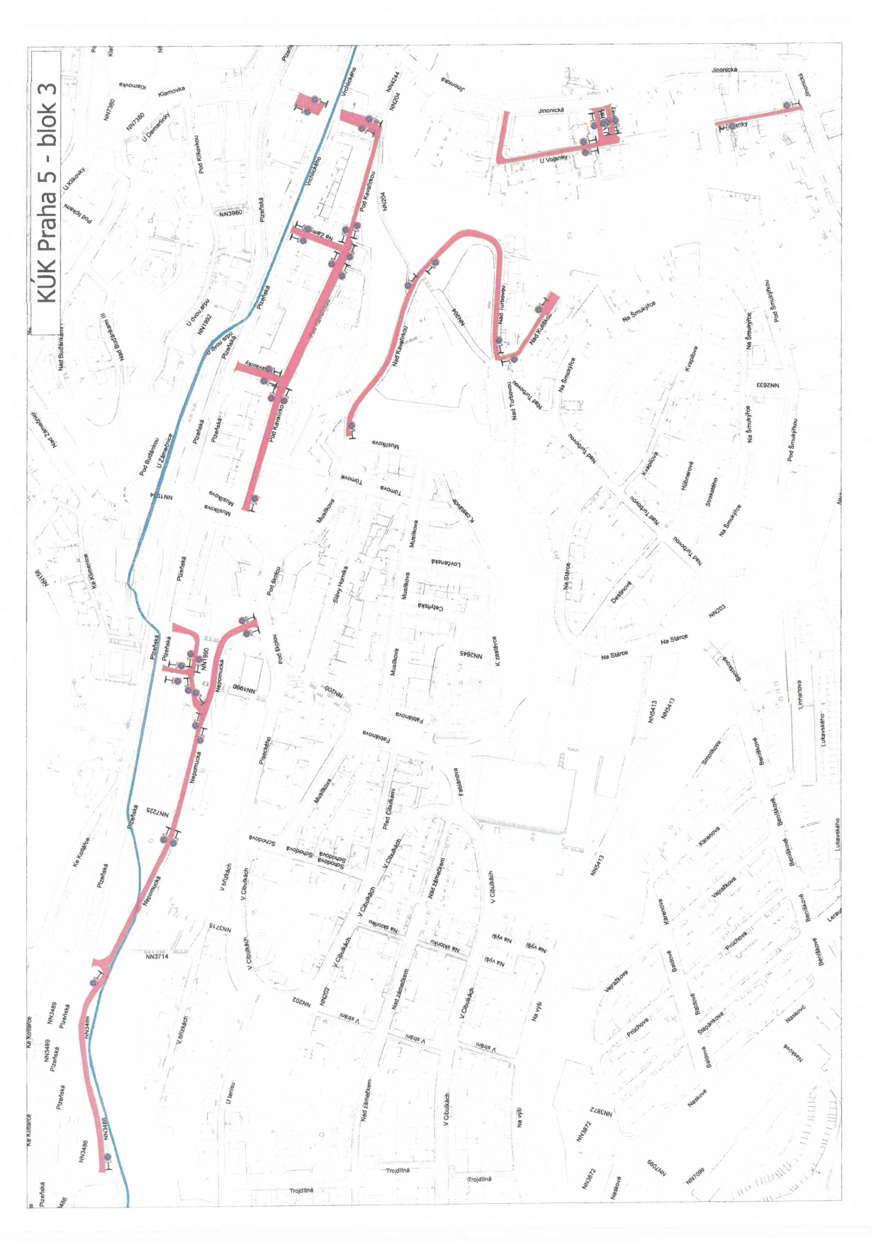 Situační nákres inženýrských sítí nebo dopravní infrastruktury v oblasti Praha 5 - blok 3.
