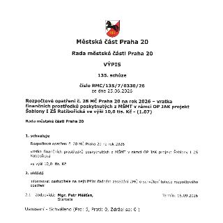 Městská část Praha 20, Rada městské části Praha 20. Výpis ze 135. schůze, číslo RMC/135/7/0330/26 ze dne 25.06.2026. Rozpočtové opatření č. 28 MČ Praha 20 na r…