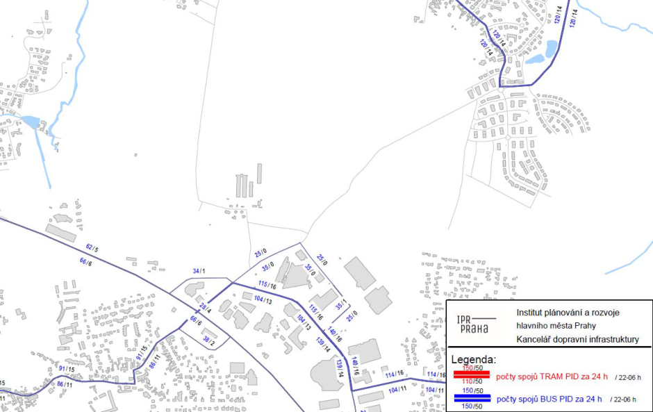Schéma dopravní infrastruktury (IPR Praha, Kancelář dopravní infrastruktury) znázorňující počty spojů PID v daných úsecích. Legenda: červené čáry značí počty spojů TRAM PID za 24 h / 22-06 h, modré čáry značí počty spojů BUS PID za 24 h / 22-06 h. V mapě jsou uvedeny číselné hodnoty počtů spojů u jednotlivých tras, např. 62/5, 66/6, 28/4, 38/2, 91/15, 86/11, 34/1, 25/0, 35/0, 115/16, 104/13, 140/16, 139/14, 114/16, 104/11, 120/14.