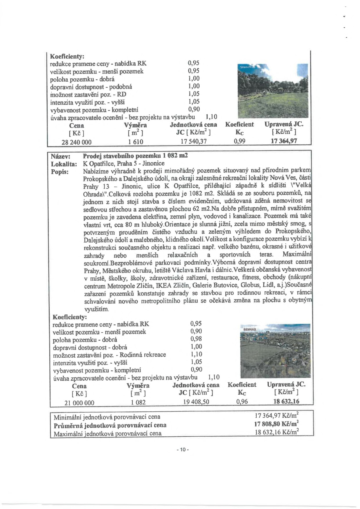 Dokument obsahuje srovnávací analýzu cen dvou pozemků. První pozemek: Koeficienty (redukce 0,95, velikost 0,95, poloha 1,00, dostupnost 1,00, možnost zastavění 1,05, intenzita 1,05, vybavenost 0,90, úvaha 1,10), cena 28 240 000 Kč, výměra 1 610 m2, jednotková cena 17 540,37 Kč/m2, koeficient 0,99, upravená JC 17 364,97 Kč/m2. Druhý pozemek: Název 'Prodej stavebního pozemku 1 082 m2', lokalita 'K Opatřilce, Praha 5 - Jinonice'. Popis: Pozemek nad přírodním parkem Prokopské a Dalejské údolí, u zalesněné lokality Nová Ves. Zastavěná plocha 62 m2, zavedena elektřina, plyn, voda, kanalizace, vlastní vrt. Koeficienty (redukce 0,95, velikost 0,90, poloha 0,98, dostupnost 1,00, možnost zastavění 1,10, intenzita 1,05, vybavenost 0,90, úvaha 1,10), cena 21 000 000 Kč, výměra 1 082 m2, jednotková cena 19 408,50 Kč/m2, koeficient 0,96, upravená JC 18 632,16 Kč/m2. Souhrnné hodnoty: Minimální jednotková porovnávací cena 17 364,97 Kč/m2, průměrná 17 808,80 Kč/m2, maximální 18 632,16 Kč/m2.