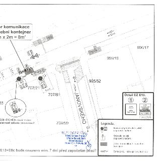 Situační nákres dopravního značení a záboru komunikace na ulici Janovského (parcely 707/21, 707/61, 995/52, 995/19, 996/17, 708/59, 993). Plánek obsahuje kóty…