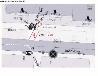 Situační nákres dopravního značení na ulici Jažlovická (prodloužení+změna RZ). Vyznačeno vyhrazené parkovací stání pro vozidlo přepravující osobu těžce postiže…