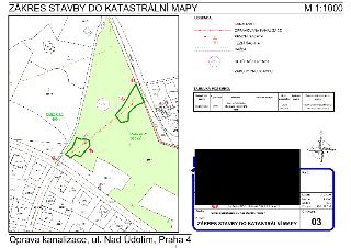 Zákres stavby do katastrální mapy M 1:1000. Stavba: Oprava kanalizace, ul. Nad Údolím, Praha 4. Legenda: Kanalizace, Opravovaná kanalizace, Revizní šachta, Těž…