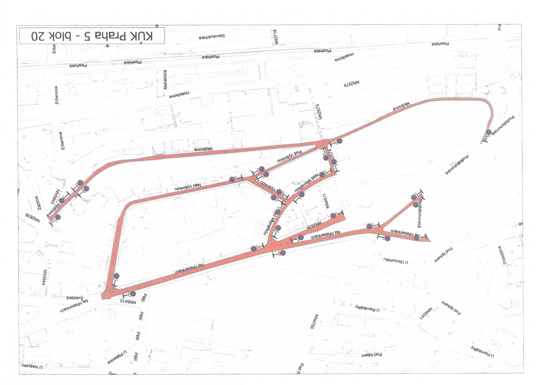 Situační nákres dopravního značení v bloku 20 v Praze 5.