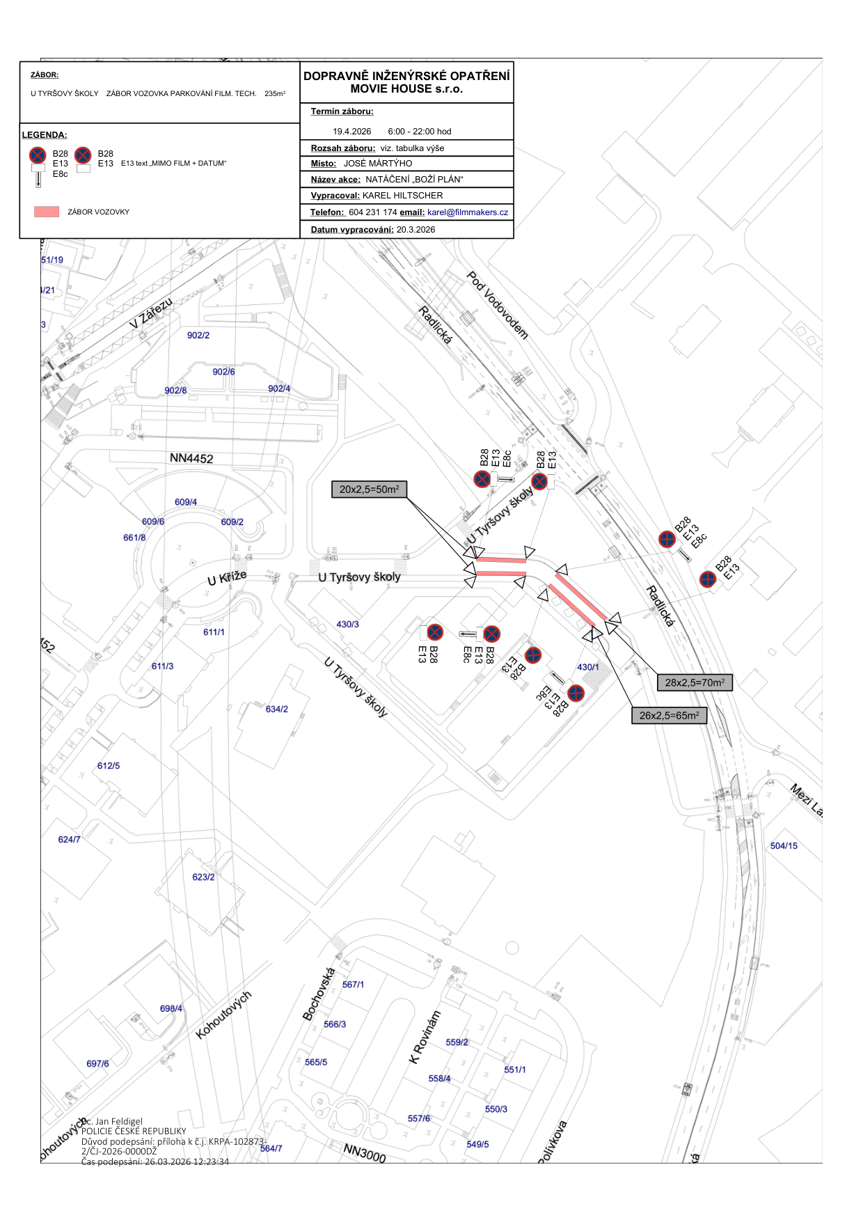 Dopravně inženýrské opatření pro účely filmování zahrnující situační nákres záboru parkovacích míst.