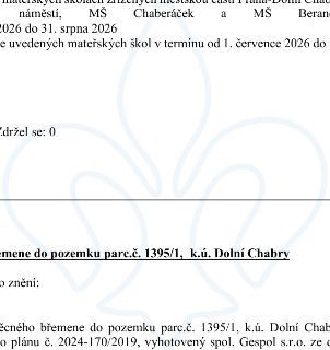 Úřední dokument týkající se mateřských škol zřízených městskou částí Praha-Dolní Chabry (MŠ Chaberáček a MŠ Beranových) v termínu od 1. července 2026 do 31. sr…