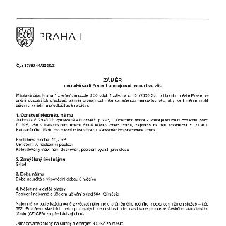 PRAHA 1, Čj.: 87/10-11/2026/Z, ZÁMĚR městské části Praha 1 pronajmout nemovitou věc. Městská část Praha 1 zveřejňuje podle § 36 odst. 1 zákona č. 131/2000 Sb.,…
