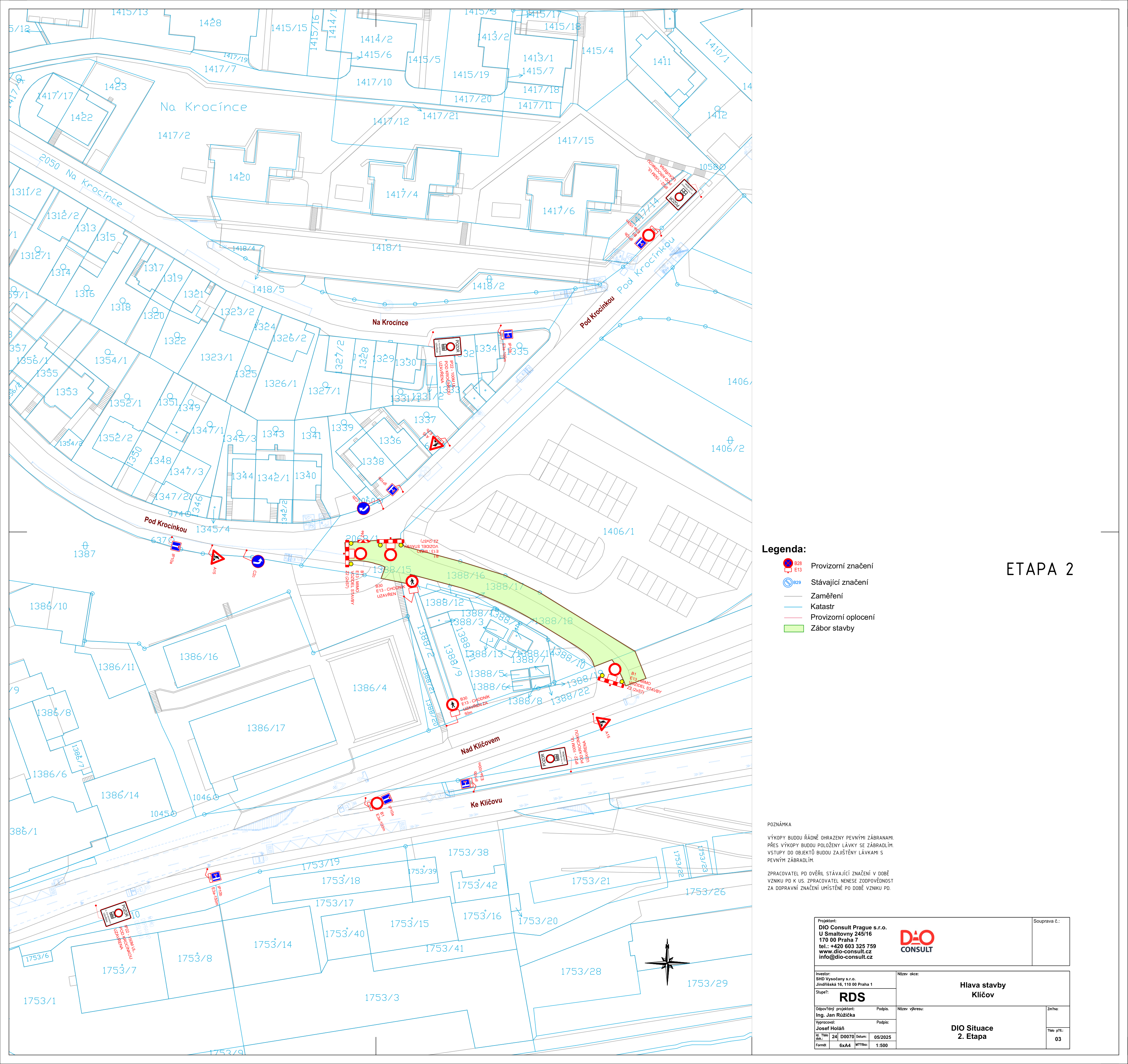 Situační nákres dopravního značení a záboru stavby pro etapu 2 projektu Klíčov.