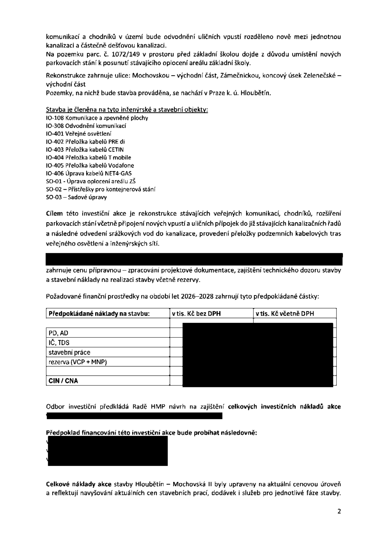 Text dokumentu popisující investiční akci rekonstrukce ulic v Praze-Hloubětíně. Obsah: 
- Odvodnění komunikací a chodníků, úpravy na pozemku parc. č. 1072/149 před ZŠ.
- Rekonstrukce ulic: Mochovská (východní část), Zámečnická, Zelenečská (koncový úsek).
- Seznam inženýrských a stavebních objektů: IO-108 Komunikace a zpevněné plochy, IO-308 Odvodnění komunikací, IO-401 Veřejné osvětlení, IO-402 až IO-405 přeložky kabelů (PRE, CETIN, T-mobile, Vodafone), IO-406 Úprava kabelů NET4-GAS, SO-01 Úprava oplocení areálu ZŠ, SO-02 Přístřešky pro kontejnerová stání, SO-03 Sadové úpravy.
- Cíl: rekonstrukce komunikací, rozšíření parkování, odvodnění, přeložky sítí.
- Finanční prostředky na období 2026–2028 zahrnují náklady na PD, AD, IČ, TDS, stavební práce a rezervu (VCP + MNP).
- Dokument uvádí, že náklady byly upraveny na aktuální cenovou úroveň.