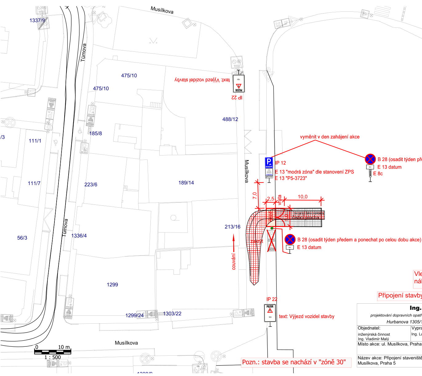 Situační nákres dopravního značení pro připojení staveniště na ulici Musílkova.