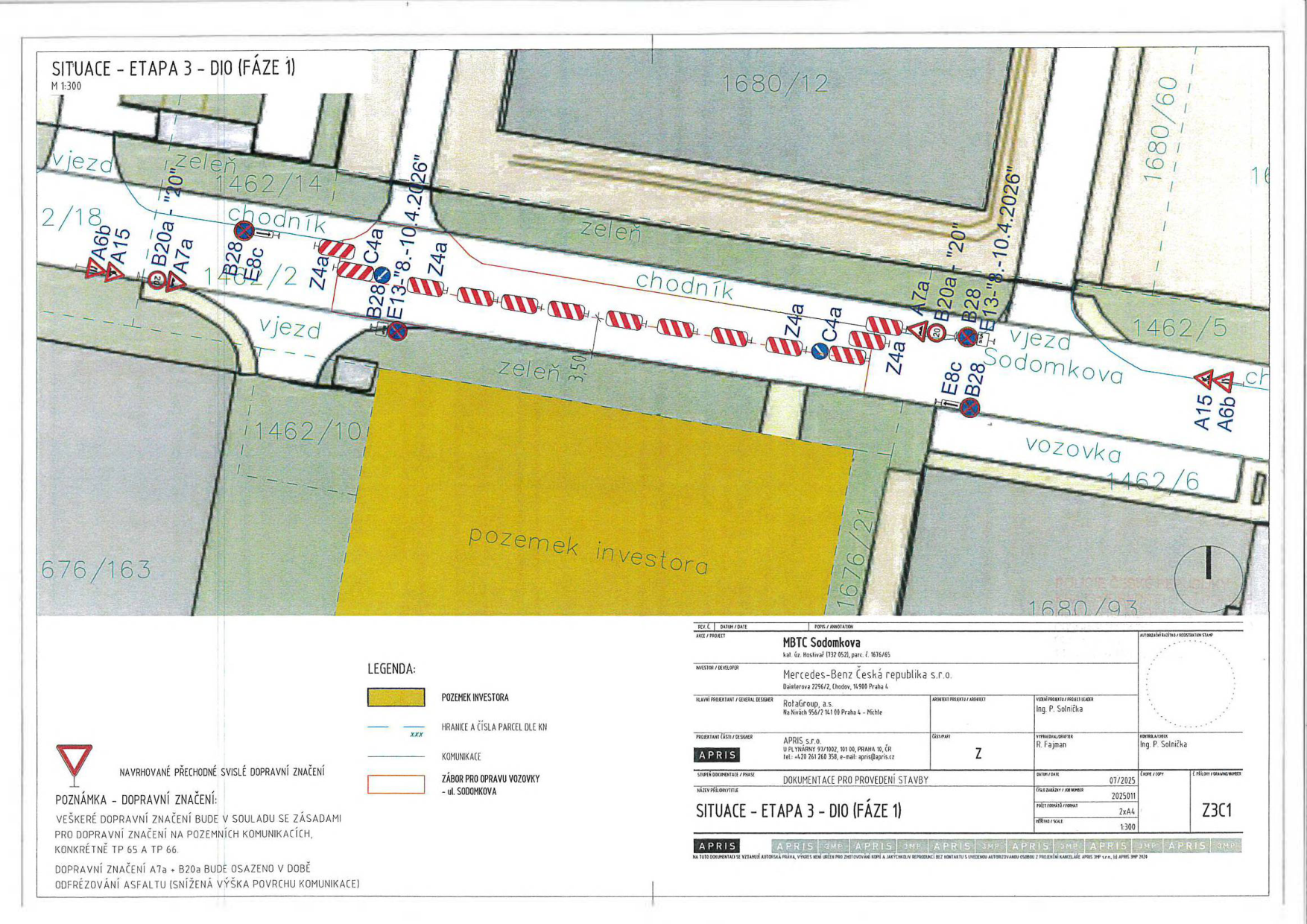 Situační nákres dopravního značení (DIO) pro etapu 3 stavby MBTC Sodomkova.
