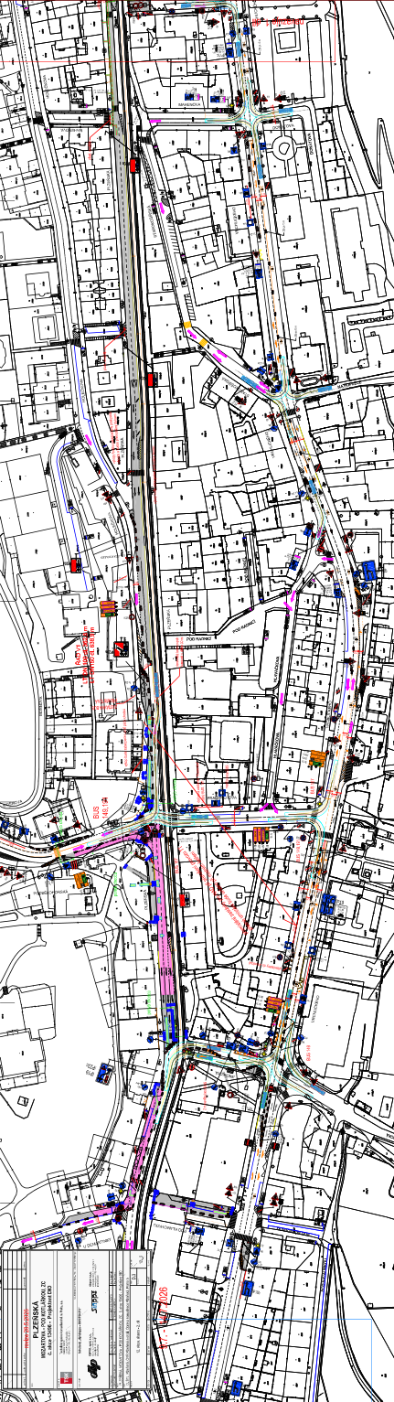 Projektová dokumentace stavby 'PLZEŇSKÁ - KOTLÁŘKA - POD KOTLÁŘKOU ZC', číslo zakázky 10496, projektant EKO. Mapa zobrazuje situační nákres dopravní infrastruktury, tramvajových tratí a okolní zástavby v dané lokalitě.