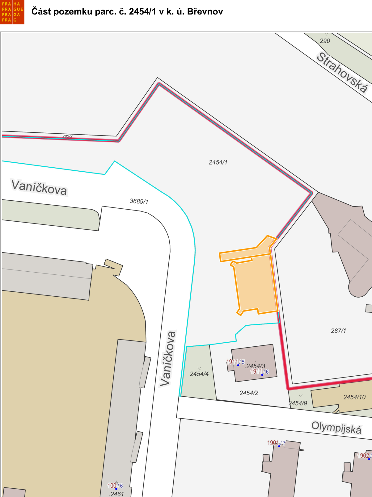Katastrální mapa části pozemku parc. č. 2454/1 v k.ú. Břevnov se zvýrazněným objektem.