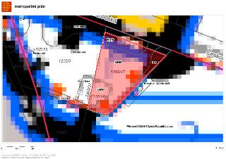 Výřez z mapy 'metropolitní plán' zobrazující katastrální území s vyznačenými parcelami. Čitelné údaje: parcely č. 1205/4, 1205/3, 1205/73, 1205/9, 1205/46, 120…