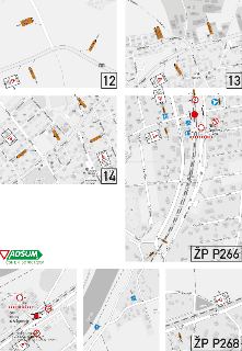 Dopravní značení a situační plán uzavírek a objížděk. Obsahuje mapy označené čísly 12, 13, 14, ŽP P266 a ŽP P268, s vyznačenými trasami, směrovými šipkami (nap…