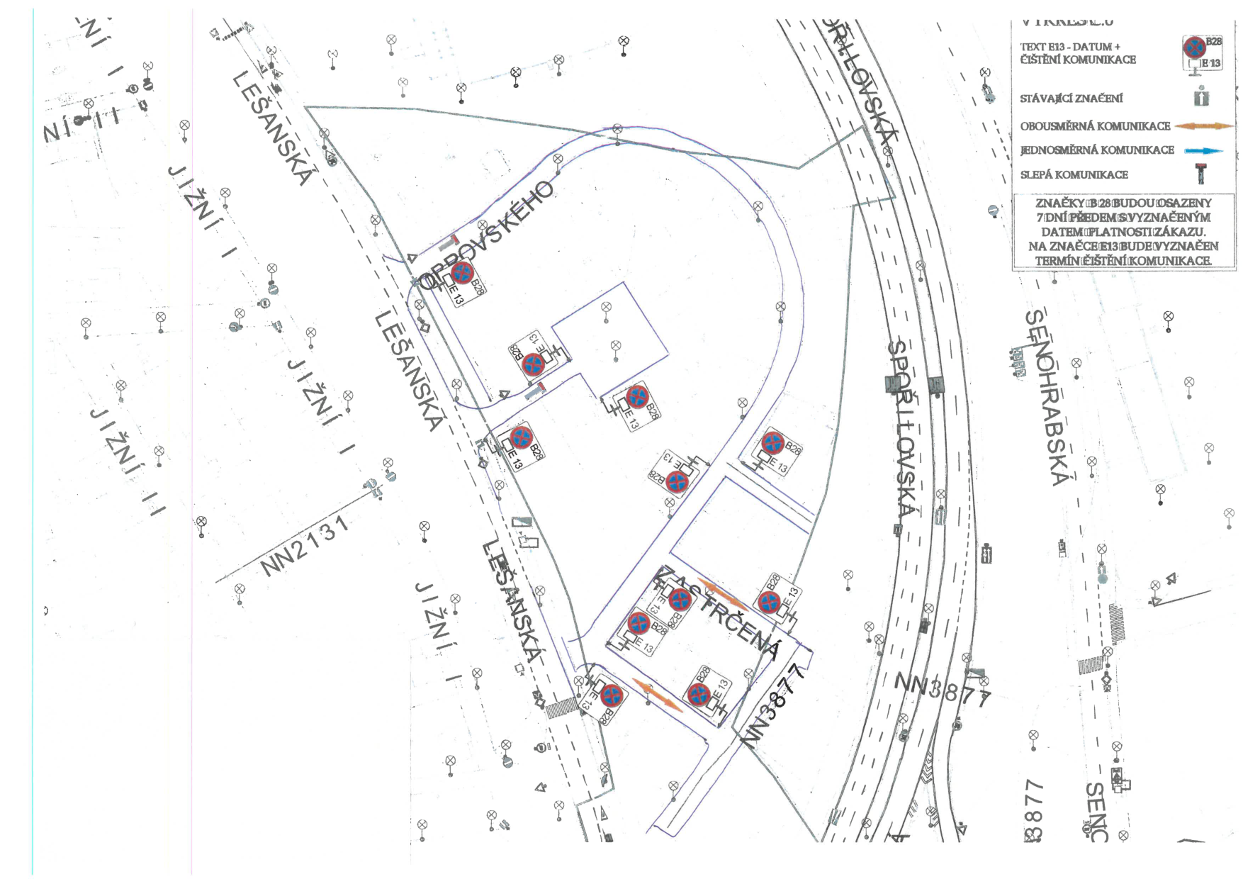 Dopravně-inženýrské schéma s vyznačením dočasného zákazu zastavení pro účely čištění komunikací.