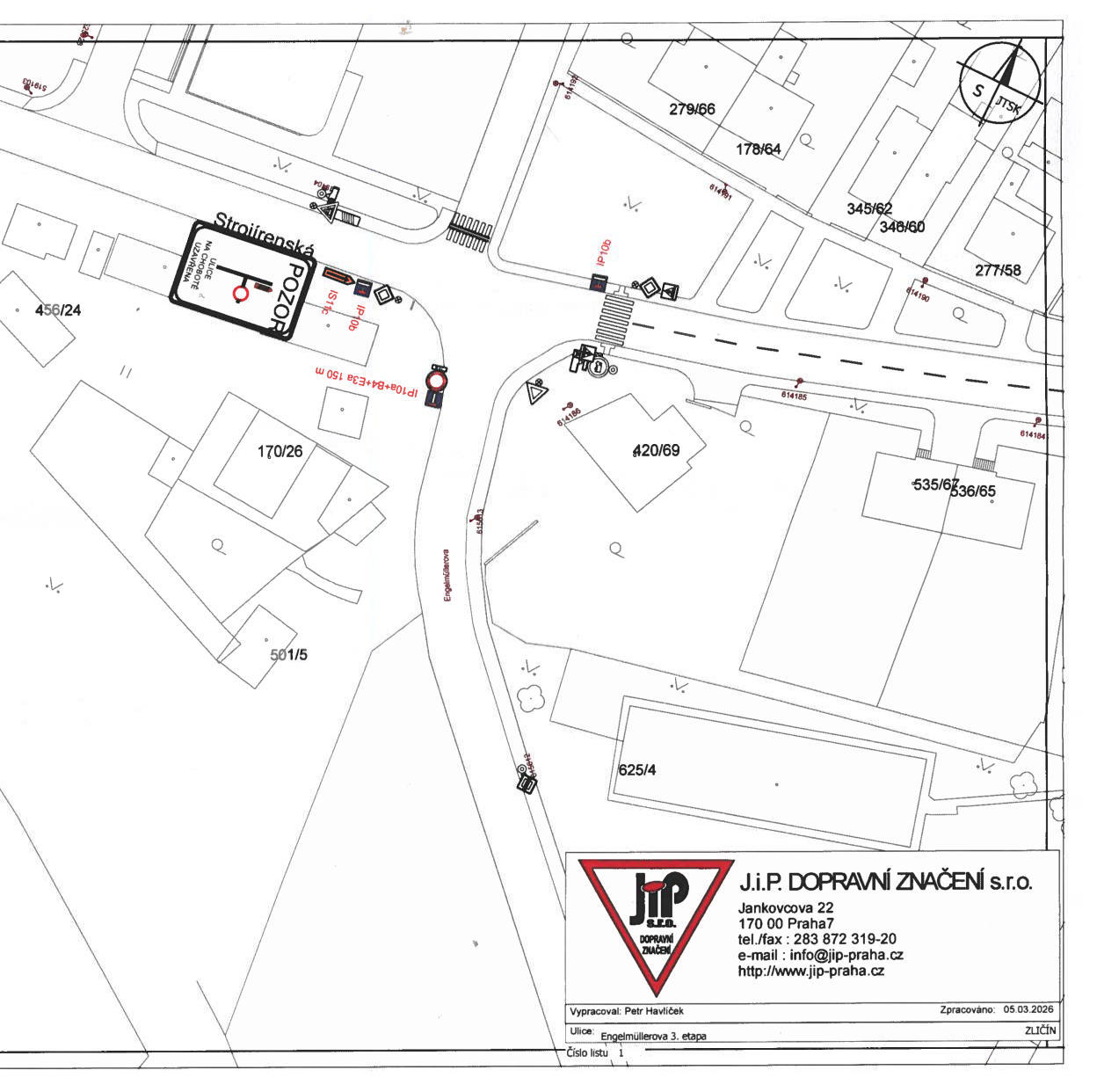 Dopravní značení situované v ulici Engelmuellerova, zobrazující rozmístění značek v mapovém podkladu.