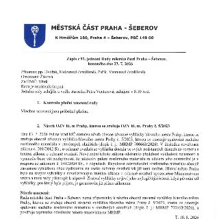 Zápis z 91. jednání Rady městské části Praha – Šeberov, konaného dne 23. 7. 2026. Přítomni: pp. Dvořák, Melzerová (vzdáleně), Pařík, Venturová (vzdáleně). Omlu…