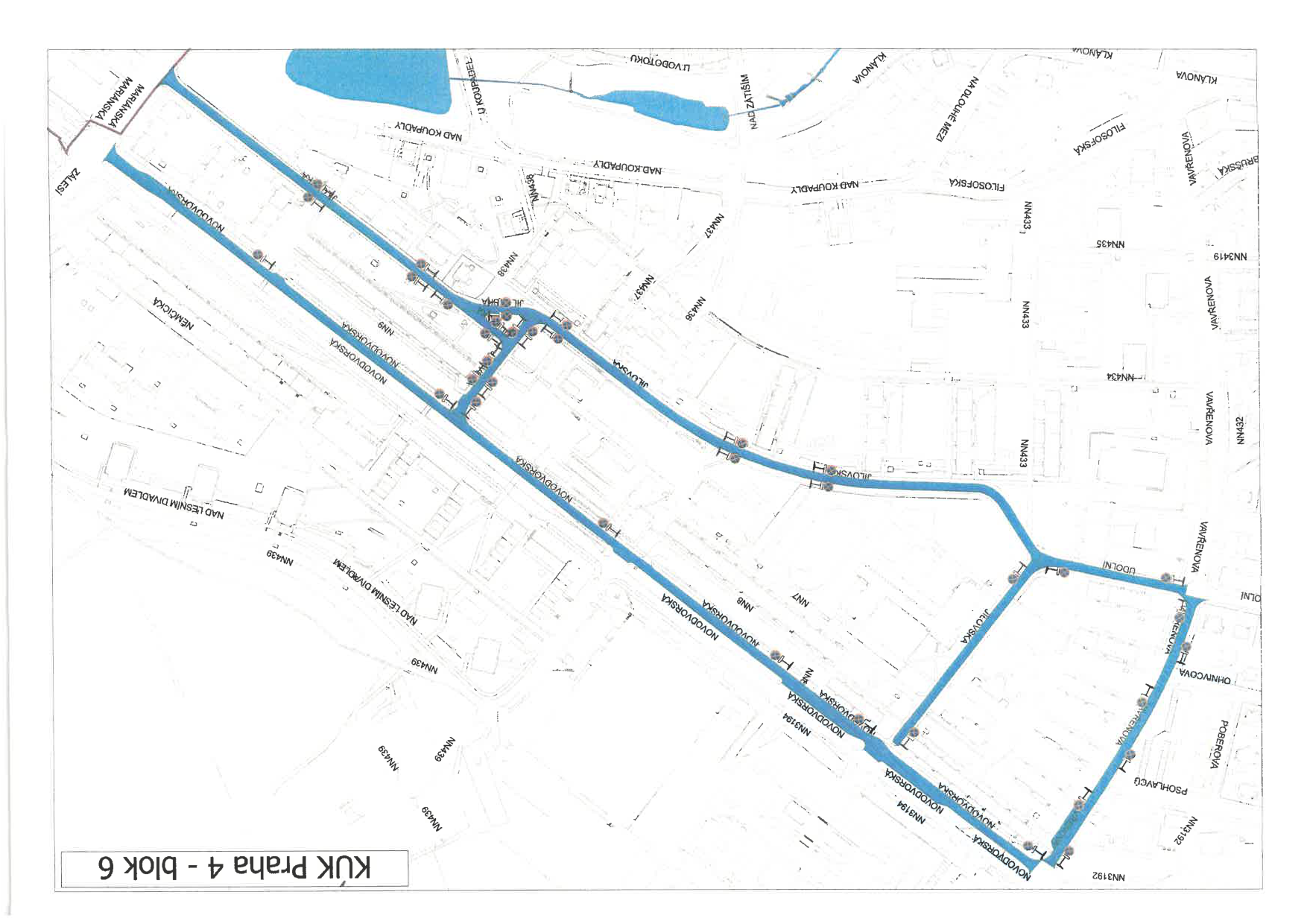 Mapa s vyznačeným blokem 6 v Praze 4, znázorňující uliční síť a čísla pozemků.