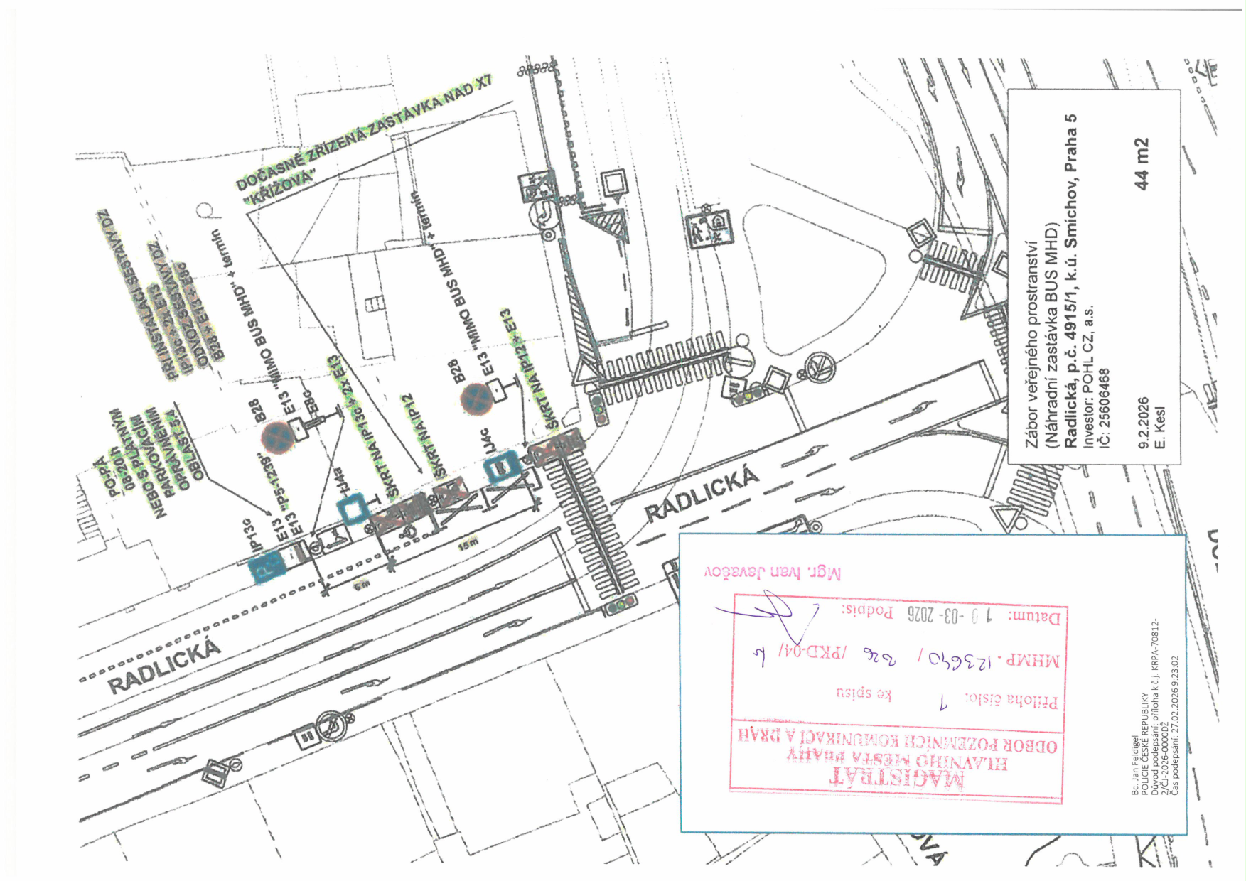 Situační nákres dopravního značení pro dočasnou autobusovou zastávku na ulici Radlická.