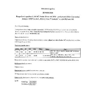Důvodová zpráva BJ/0400/2026: Rozpočtové opatření č. 30 MČ Praha 20 na rok 2026 - poskytnutí účelové investiční dotace z HMP na akci „Bytový dům V Lukách“ ve v…