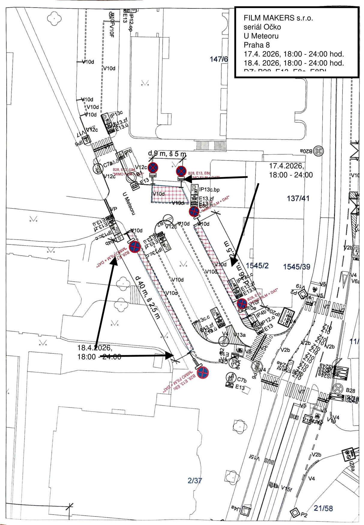 Situační nákres dopravního značení pro filmové natáčení v ulici U Meteoru.