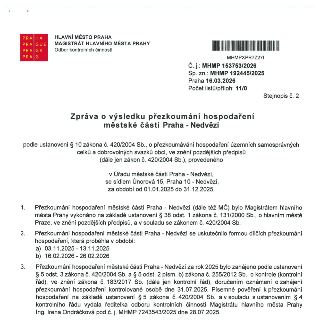 Zpráva o výsledku přezkoumání hospodaření městské části Praha - Nedvězí za období od 01.01.2025 do 31.12.2025. Dokument vydal Magistrát hlavního města Prahy, O…