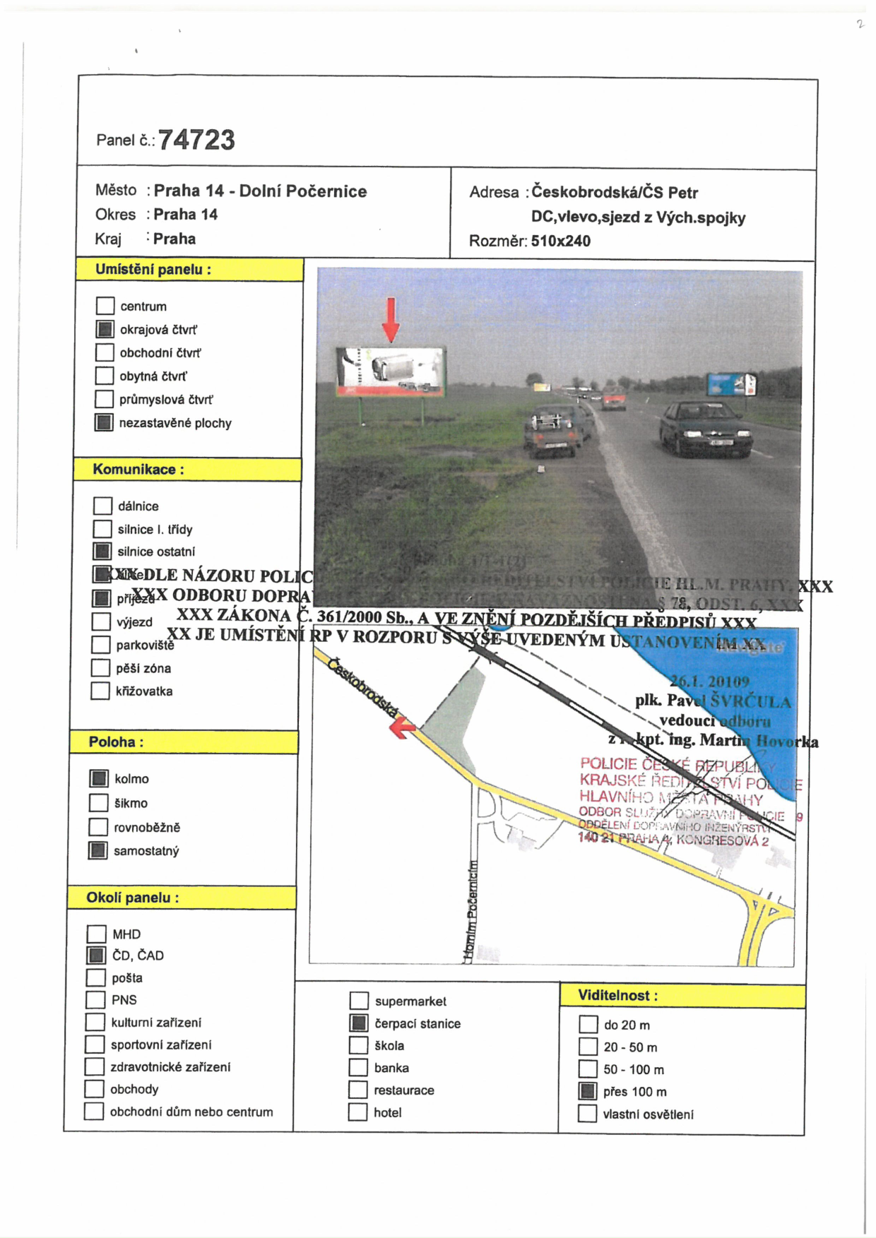 Lokační dokumentace reklamního panelu obsahující situační mapu a fotografii místa instalace.