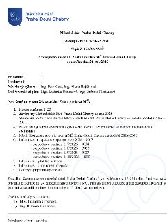 Zápis č. 024/26/ZMČ z veřejného zasedání Zastupitelstva MČ Praha-Dolní Chabry konaného dne 24. 06. 2026. Přítomni: 15. Návrhový výbor: Ing. Petr Kasa, Ing. Ale…