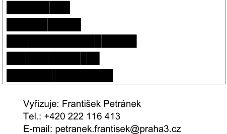 Kontaktní údaje úřední osoby: Vyřizuje: František Petránek, Tel.: +420 222 116 413, E-mail: petranek.frantisek@praha3.cz
