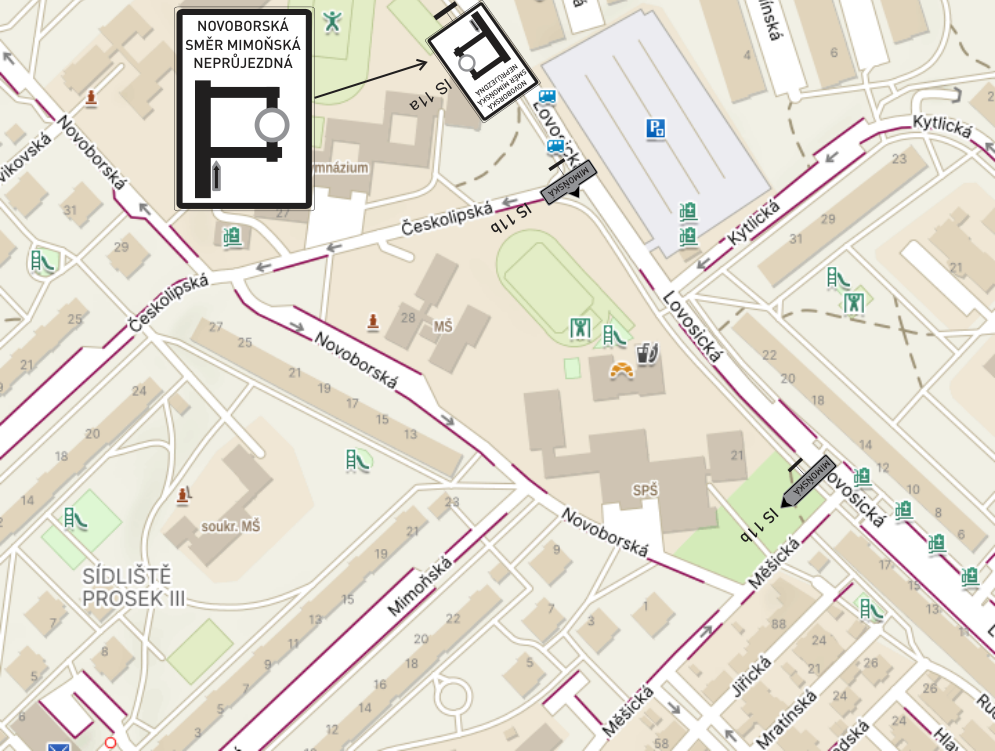 Situační mapa s vyznačením dopravního značení a uzavírek v oblasti ulic Novoborská a Lovosická.