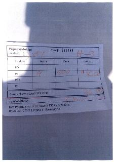 Příjmový doklad číslo 014168, ze dne 10. 5. [rok nečitelný, nebo 10.05], H-3. Položka: PE, Počet: 4, Cena: 900, Celkem: 3600. Cena celkem včetně 21% DPH: 3600.…