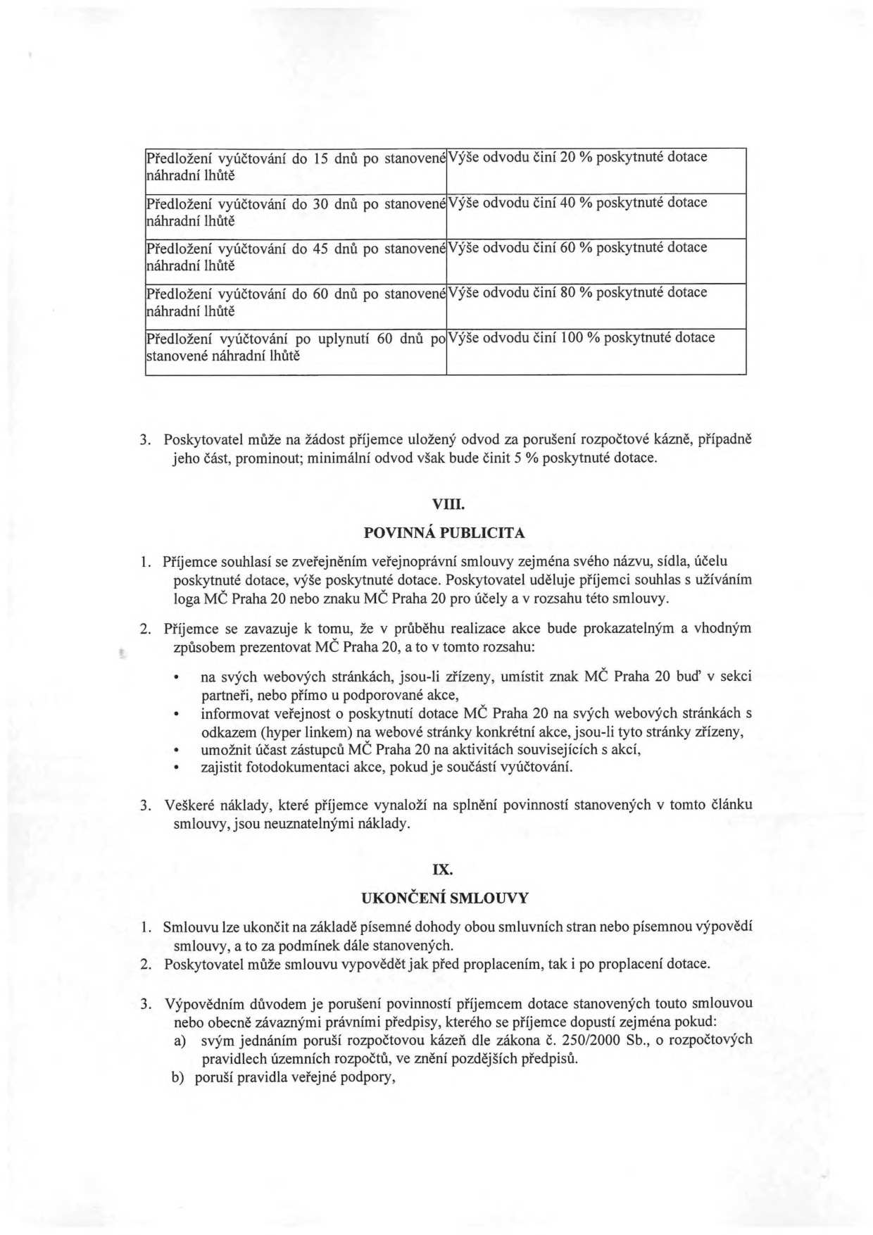Tabulka sankcí za pozdní předložení vyúčtování dotace: do 15 dnů (20 % dotace), do 30 dnů (40 % dotace), do 45 dnů (60 % dotace), do 60 dnů (80 % dotace), po 60 dnech (100 % dotace). Dále text smlouvy: bod 3 (možnost prominutí odvodu, min. 5 %), článek VIII. Povinná publicita (povinnost prezentovat MČ Praha 20 na webu, informovat o dotaci, umožnit účast zástupců MČ Praha 20 a zajistit fotodokumentaci), článek IX. Ukončení smlouvy (možnost výpovědi, důvody výpovědi: porušení rozpočtové kázně dle zákona č. 250/2000 Sb. nebo porušení pravidel veřejné podpory).