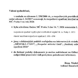 Oznámení pro občany od MČ Praha 1 ohledně rozpočtových opatření pro rok 2026. Obsahuje informaci, že rozpočtová opatření (vycházející z rozhodnutí hl. m. Prahy…