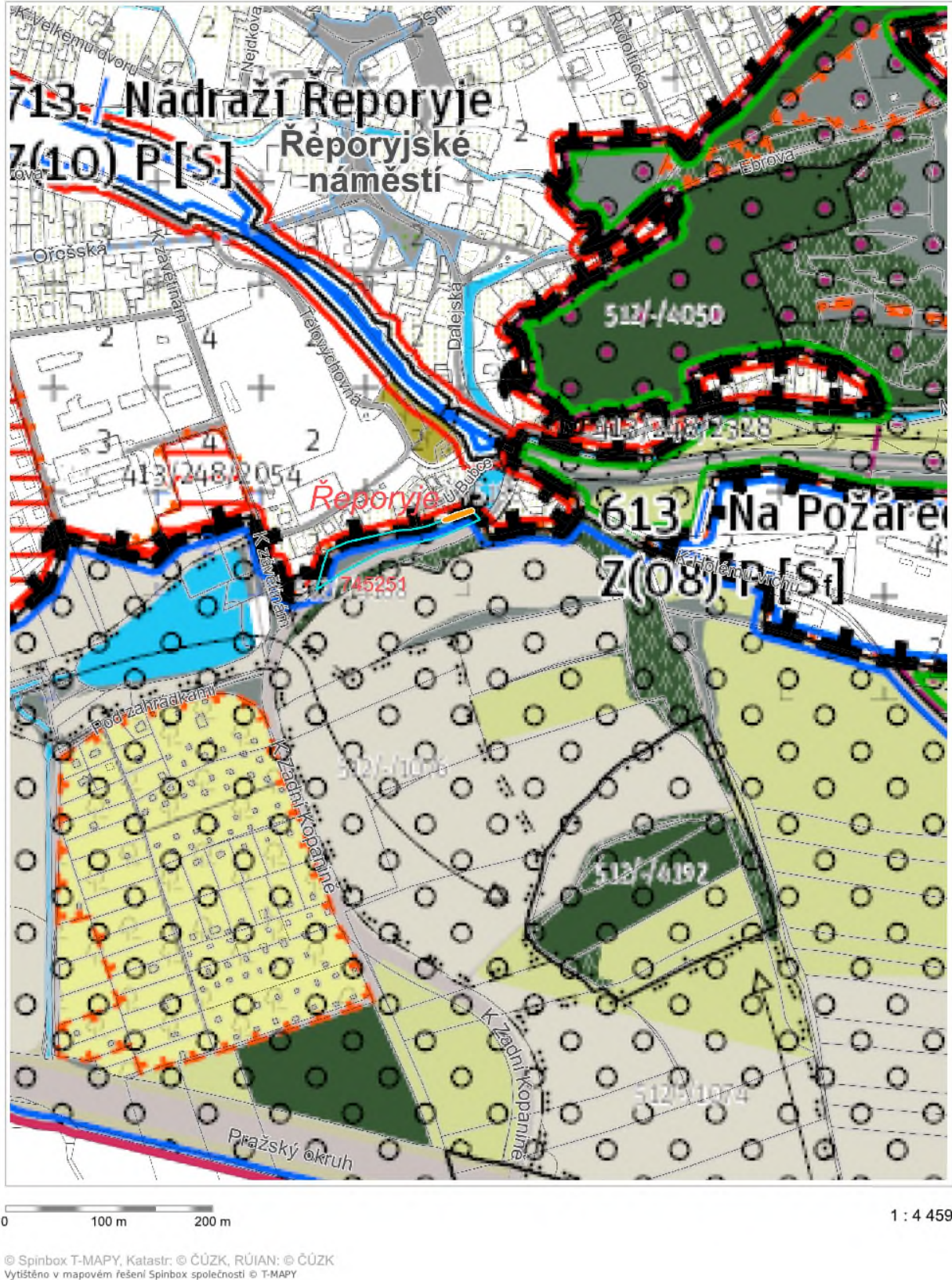 Výřez z územního plánu (katastrální mapa s barevným vyznačením zón) v oblasti Řeporyjí.