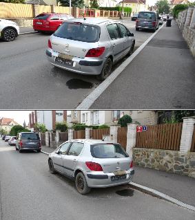 Dvě fotografie stříbrného osobního automobilu Peugeot zaparkovaného u chodníku v ulici s rodinnými domy. Na obou fotografiích je vidět pod autem skvrna na vozo…
