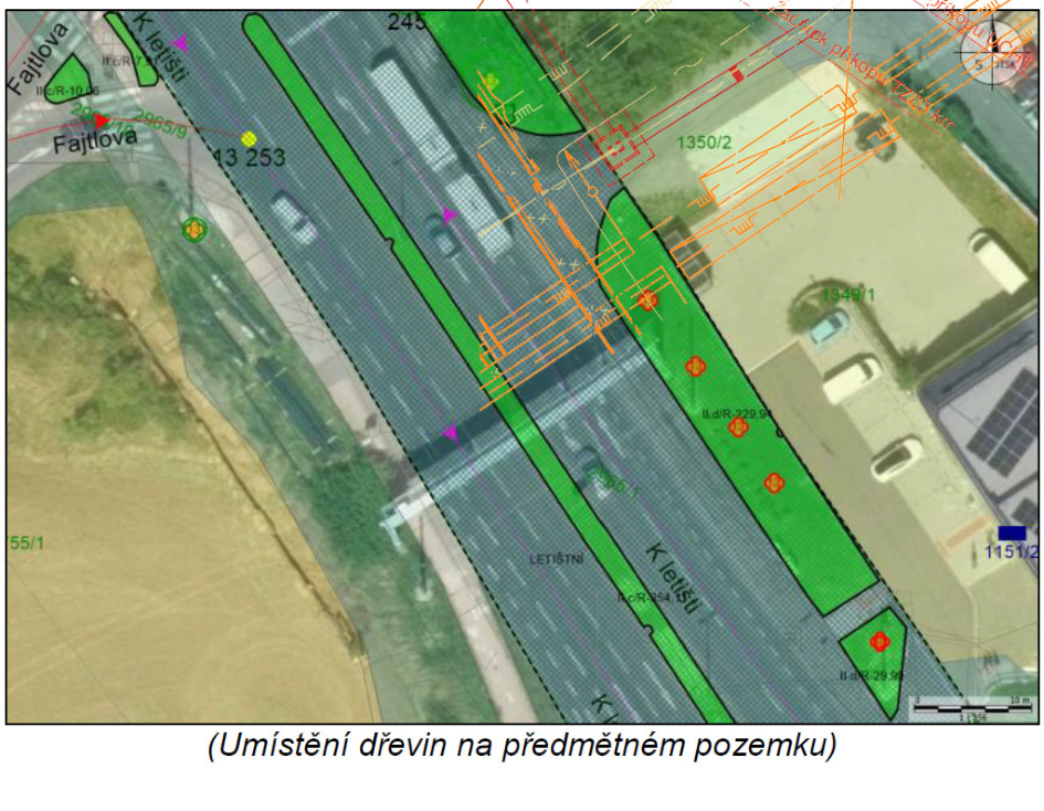 Situace umístění dřevin v katastrální mapě s ortofotomapou v pozadí.