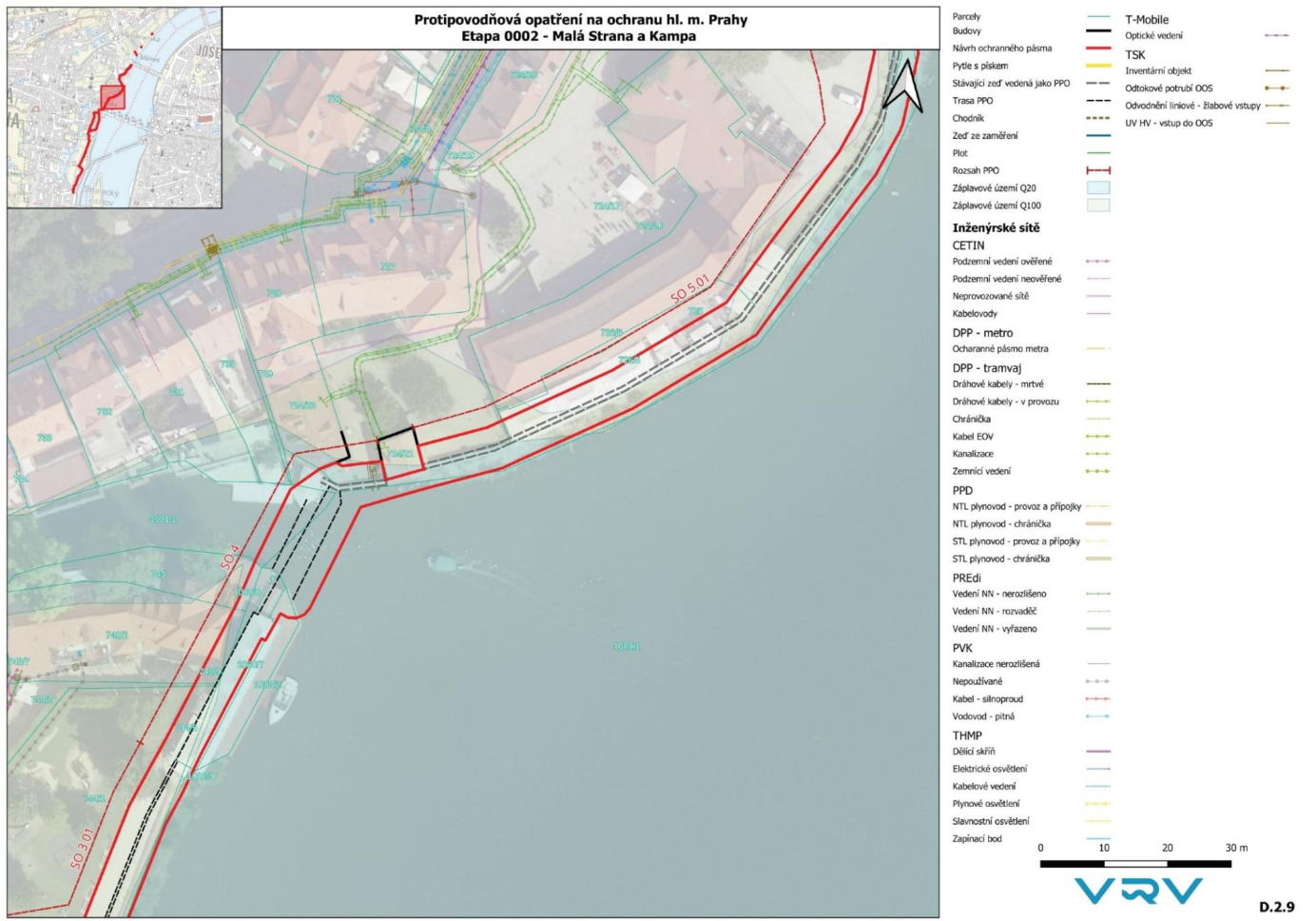 Situační plán protipovodňových opatření v lokalitě Malá Strana a Kampa v Praze s vyznačením inženýrských sítí.