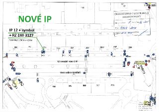 Situační nákres dopravního značení a parkovacích stání s hlavičkou 'ÚŘAD MĚSTSKÉ ČÁSTI PRAHA 15, ODBOR DOPRAVY'. Obsahuje texty: 'NOVÉ IP', 'IP 12 + symbol + R…
