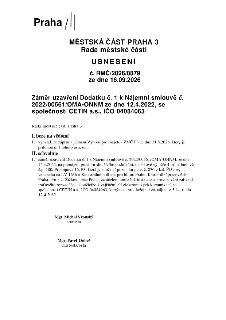 MĚSTSKÁ ČÁST PRAHA 3, Rada městské části, USNESENÍ č. RMČ/2026/0879 ze dne 16.09.2026. Záměr uzavření Dodatku č. 1 k Nájemní smlouvě č. 2022/00561/OMA-ONNM ze…