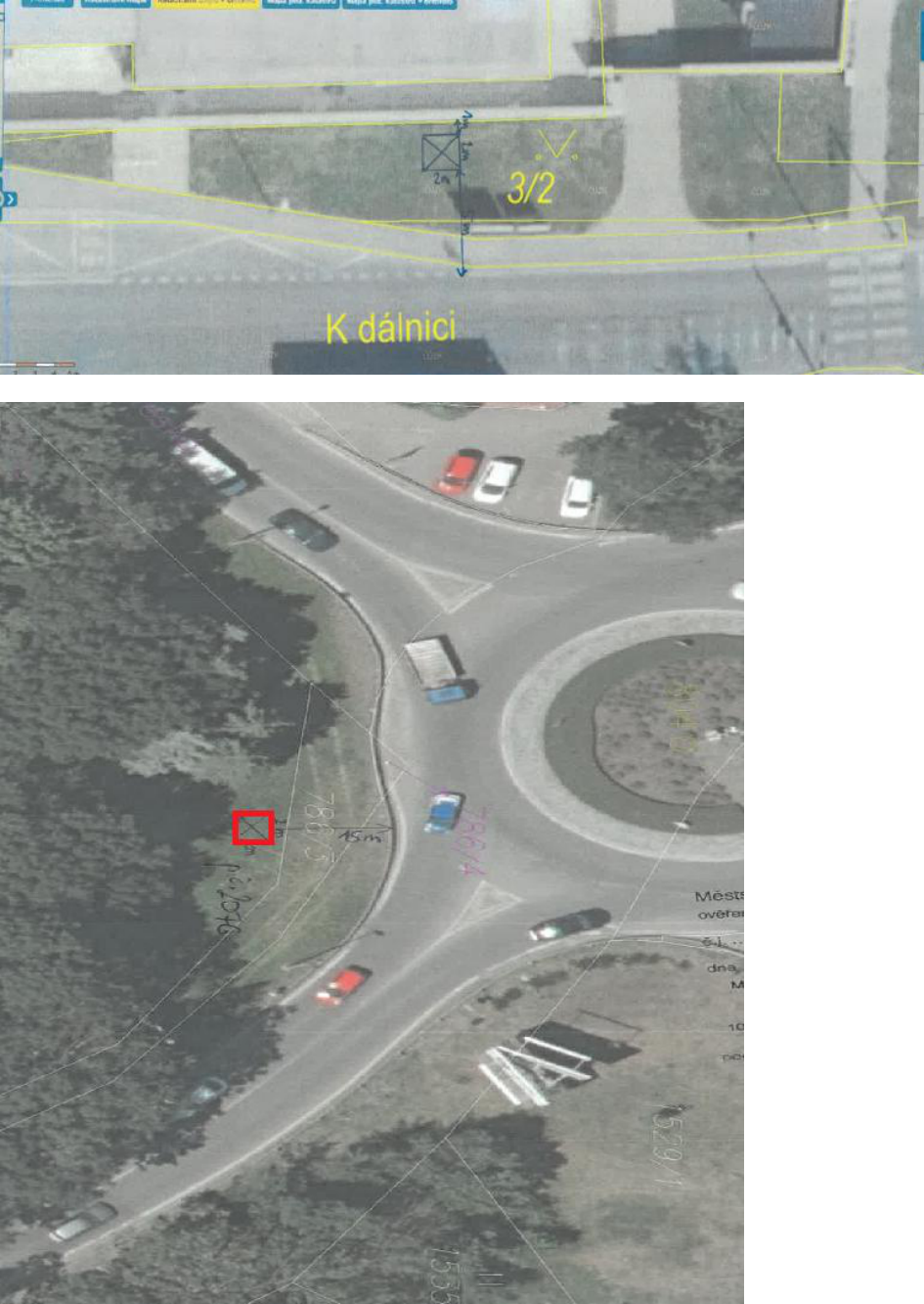 Situační nákresy umístění objektů v katastrální mapě a ortofotomapě.