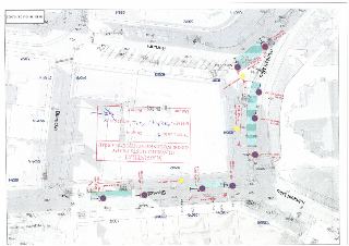 Situační nákres záboru pro veřejné prostranství v ulicích Slezská a náměstí Míru, Praha. Obsahuje vyznačené zóny záboru s rozměry (např. 20 x 2,5 = 50m2, 30 x…