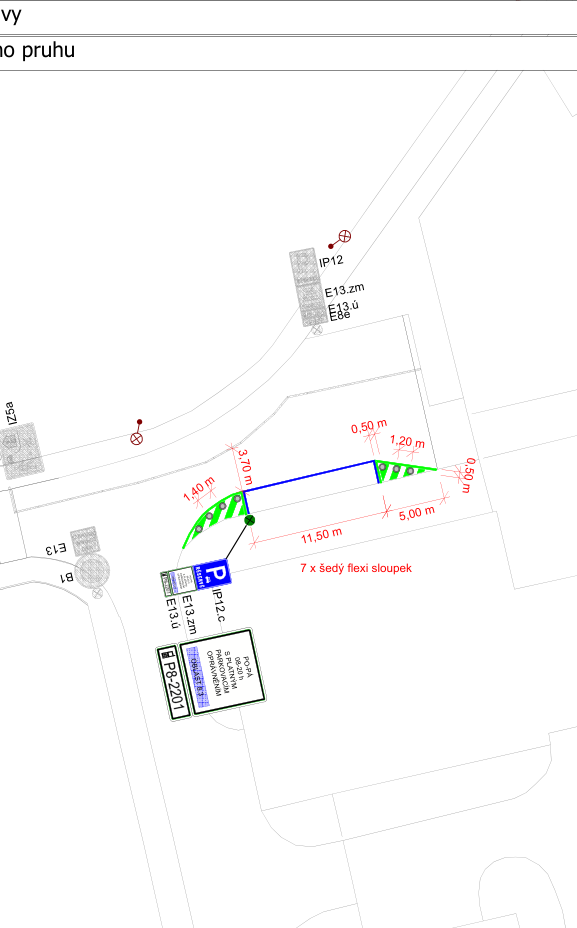Situační nákres dopravního značení parkoviště. Obsahuje značky IP12, IP12.c, E13.zm, E13.ú, E8e, P8-2201. Text na dodatkové tabulce: 'PO-PA 08-20 h S PLATNÝM PARKOVACÍM OPRÁVNĚNÍM OBLAST 8-3'. V nákresu jsou uvedeny rozměry (3,70 m, 1,40 m, 0,50 m, 1,20 m, 11,50 m, 5,00 m) a poznámka '7 x šedý flexi sloupek'.