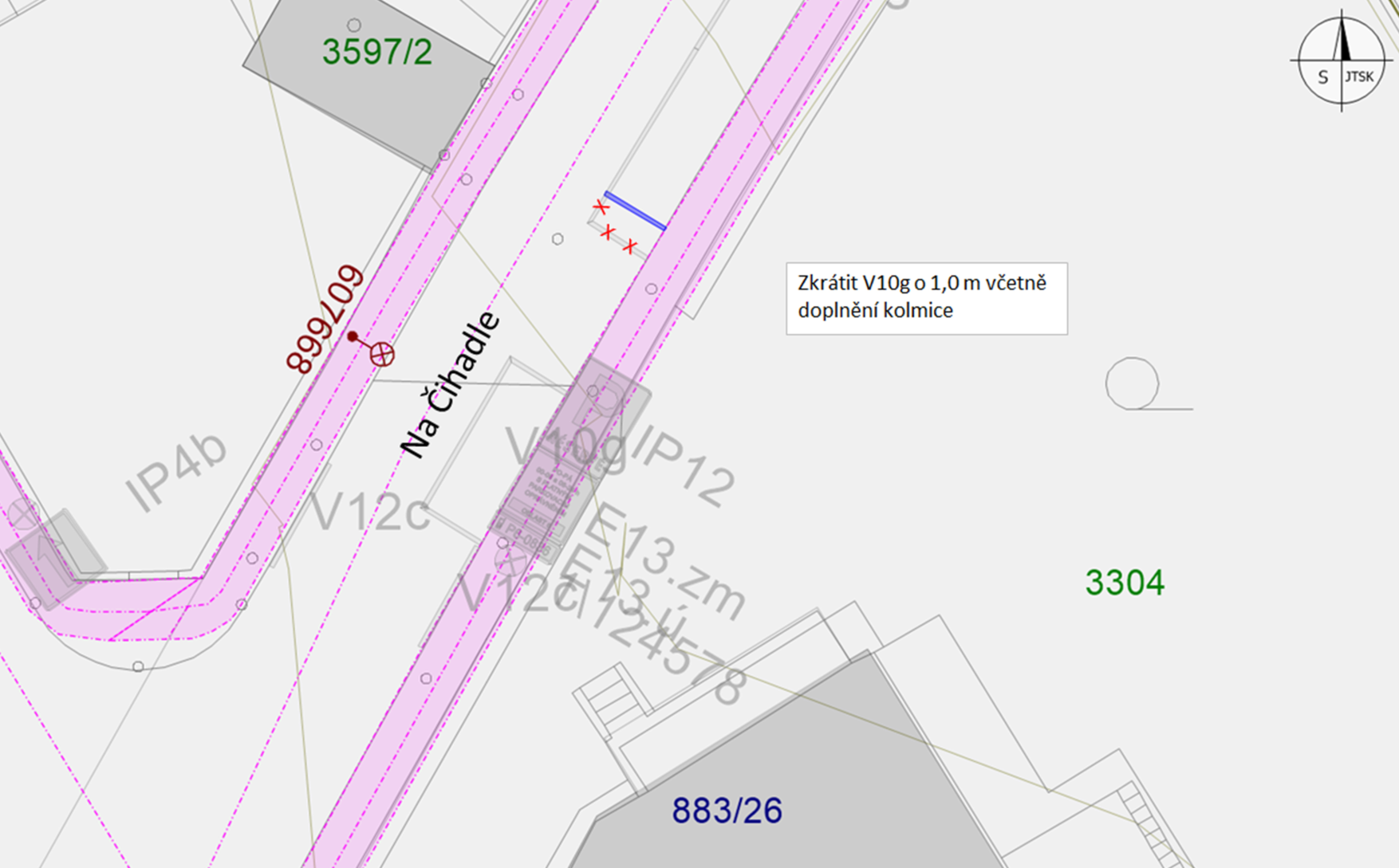 Koordinační výkres (situační plán) s vyznačenou úpravou dopravního značení (zkrácení V10g) na ulici Na Čihadle.