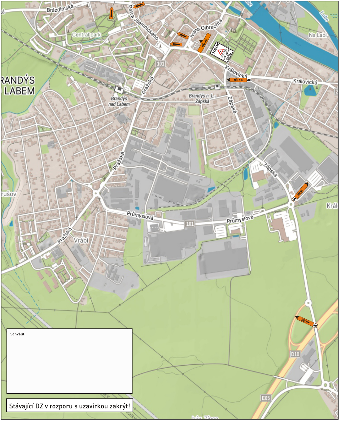 Situační nákres dopravního značení a uzavírky v Brandýse nad Labem.