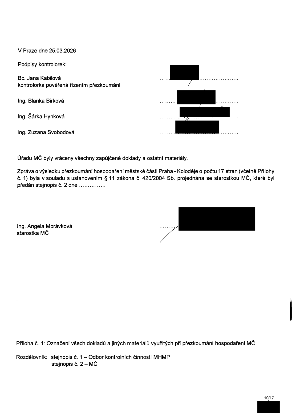 Závěrečná část zprávy o výsledku přezkoumání hospodaření městské části Praha - Koloděje. Dokument obsahuje datum 25.03.2026 a podpisy kontrolorek (Bc. Jana Kabilová, Ing. Blanka Birková, Ing. Šárka Hynková, Ing. Zuzana Svobodová). Uvádí se, že úřadu MČ byly vráceny zapůjčené doklady a zpráva o rozsahu 17 stran byla projednána se starostkou MČ Ing. Angelou Morávkovou. Dokument obsahuje informaci o příloze č. 1 a rozdělovník (stejnopis č. 1 – Odbor kontrolních činností MHMP, stejnopis č. 2 – MČ). Strana 10/17.